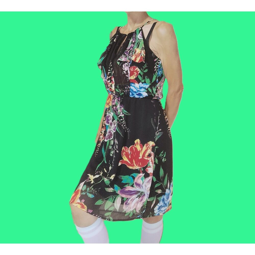 Old Navy Black Boho Floral Sheer Ruffle Halter Mini Dress Small